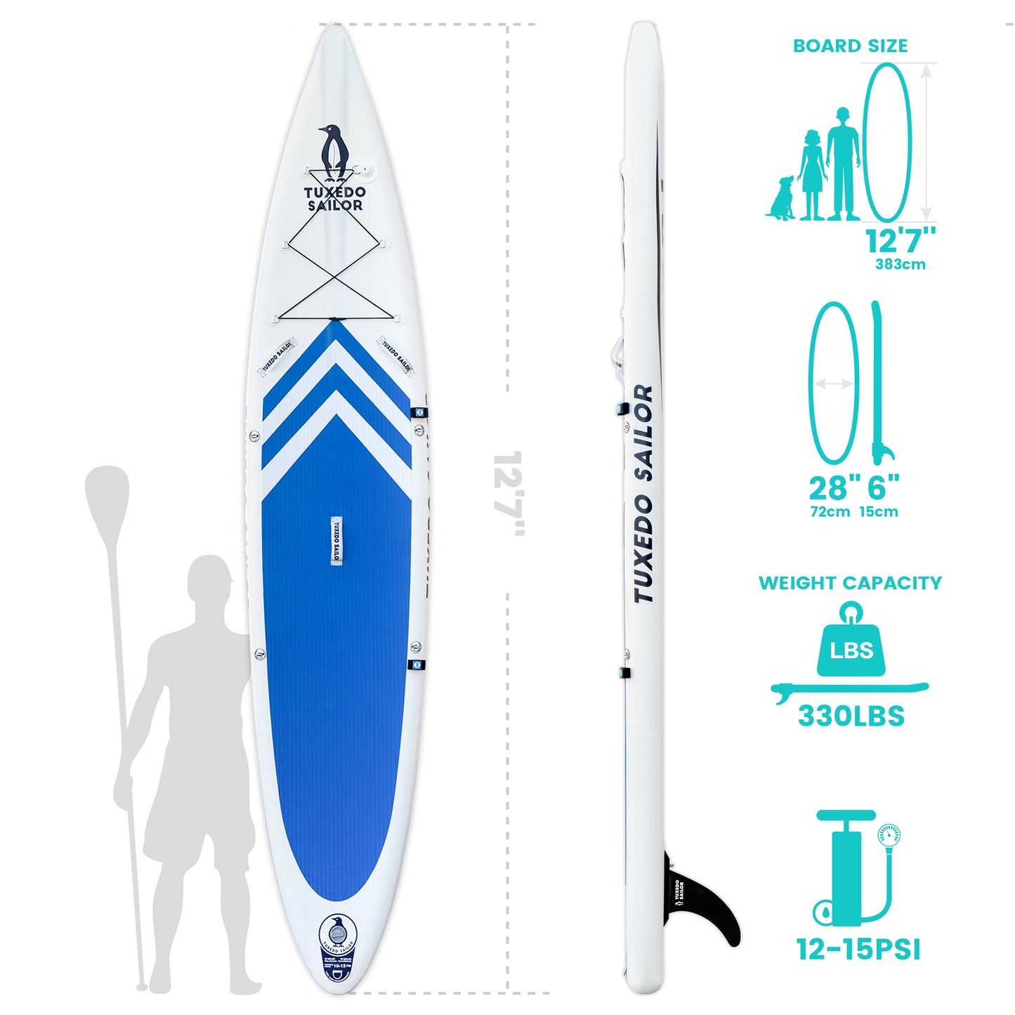 Funwater inflatable stand up paddle board  racing blue board Arrow 12‘6“ 330 LBS weight capacity 12-15 PSI