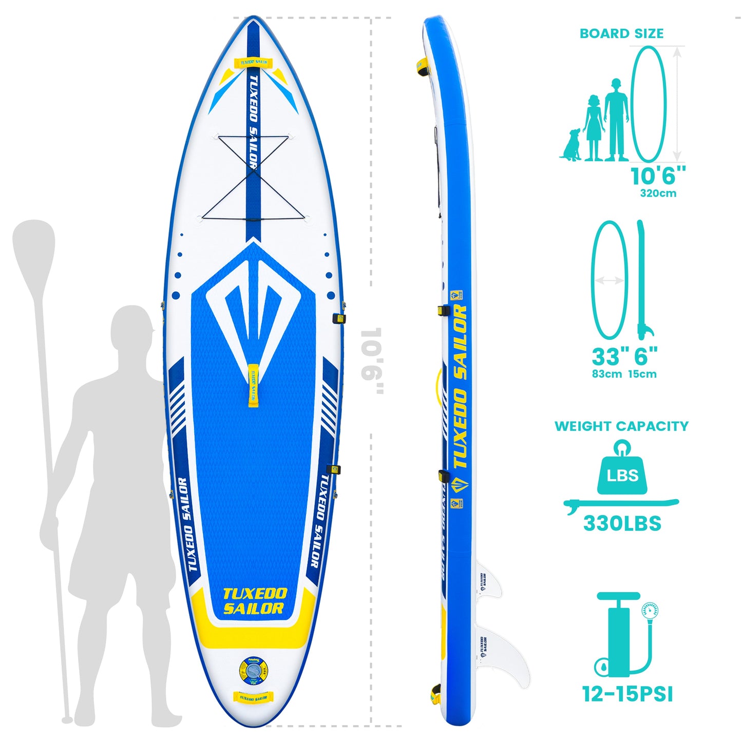 funwater touring inflatable stand up blue paddle board 10'6" easy to store and carry