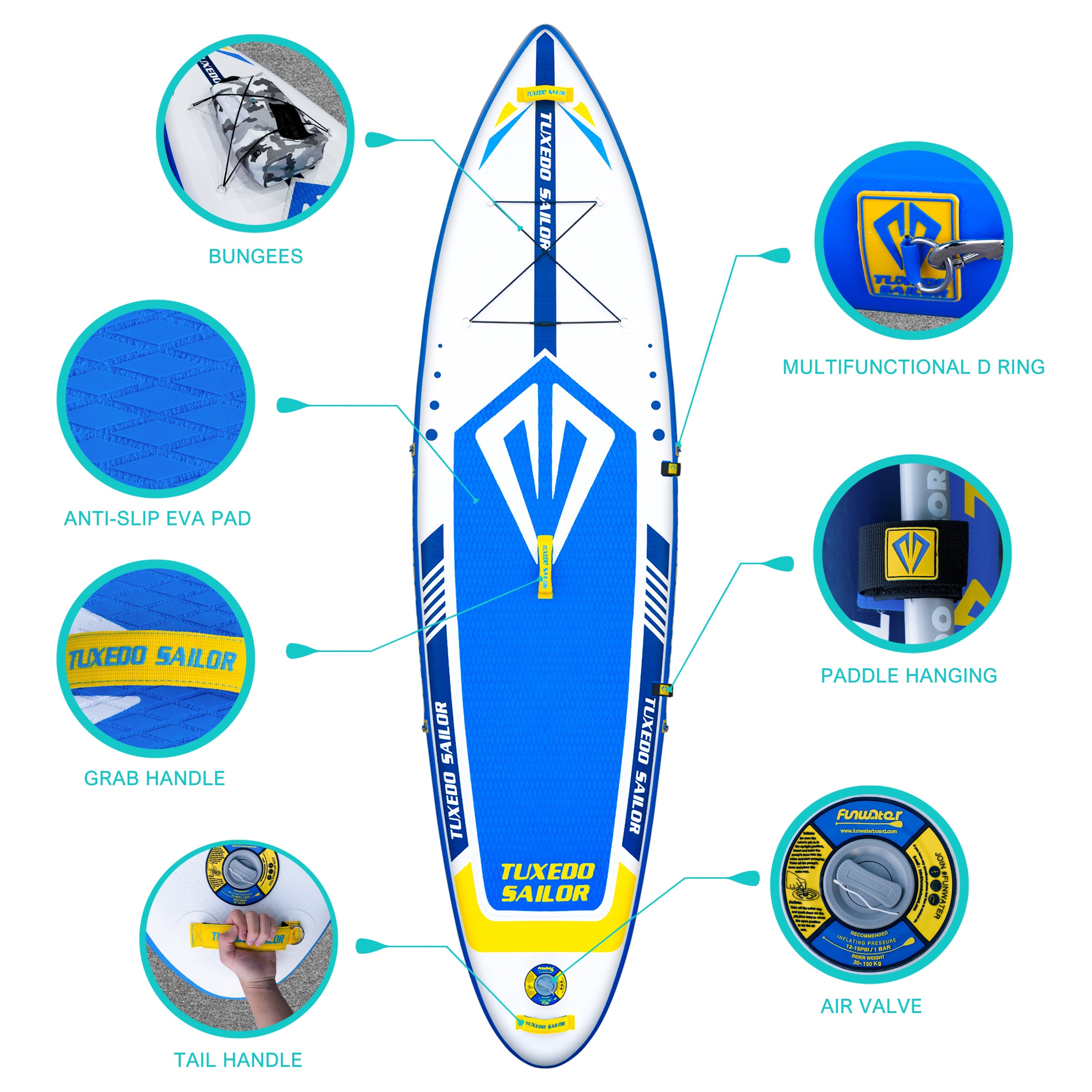 Tuxedo Sailor 10' Inflatable Stand Up Paddle Board (SUP) – Includes Paddle, Pump, Backpack, Leash