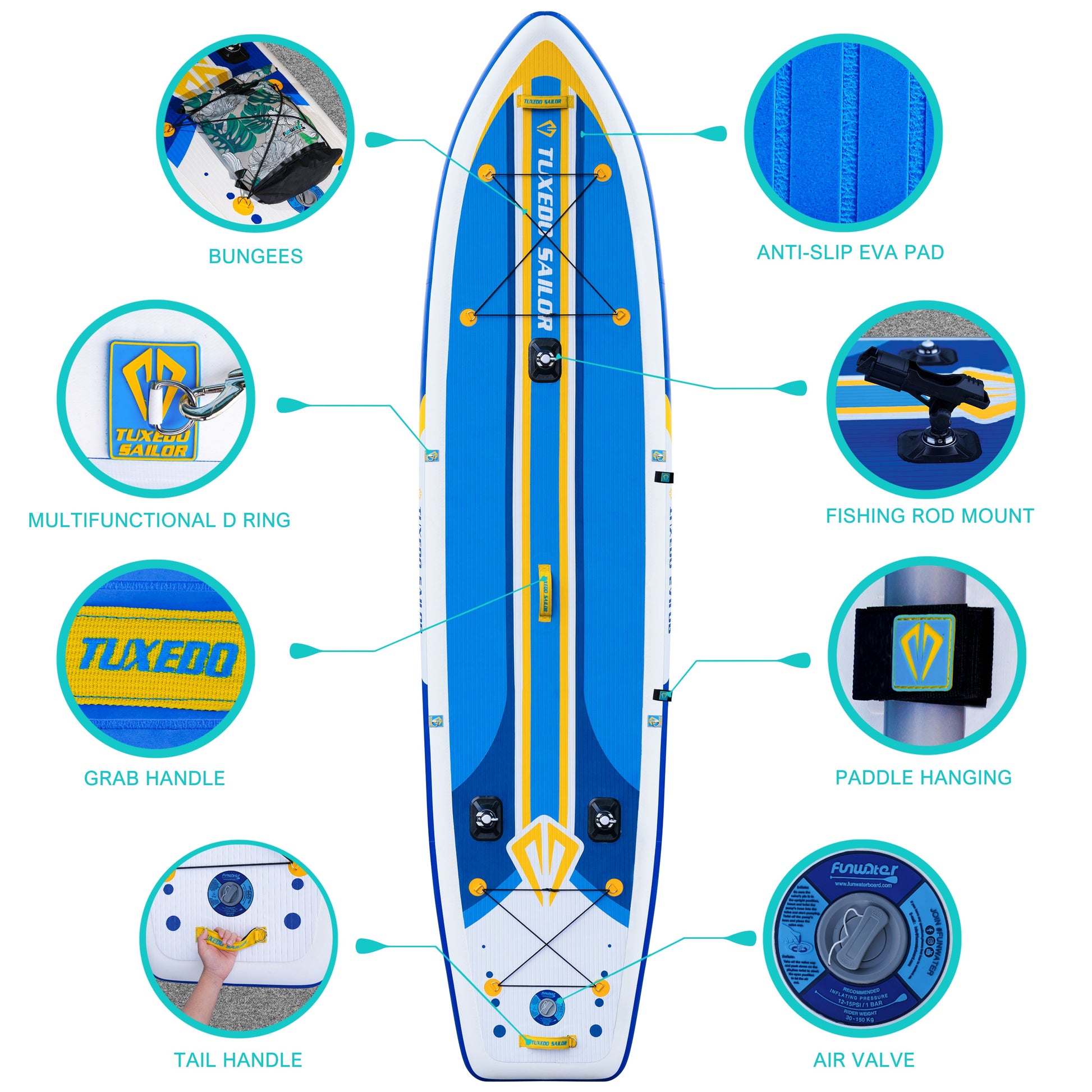 funwater classic inflatable blue fishing paddle board 12' with a sup general seat